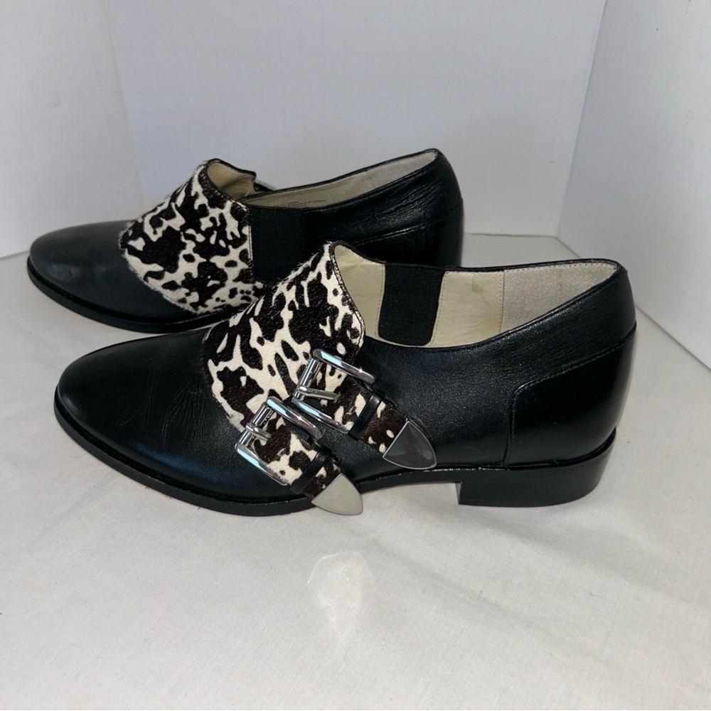 Michael Kors Robin Loafers Black Leather W/Cow Hair Double monk Strap Sz 7.5-EUC